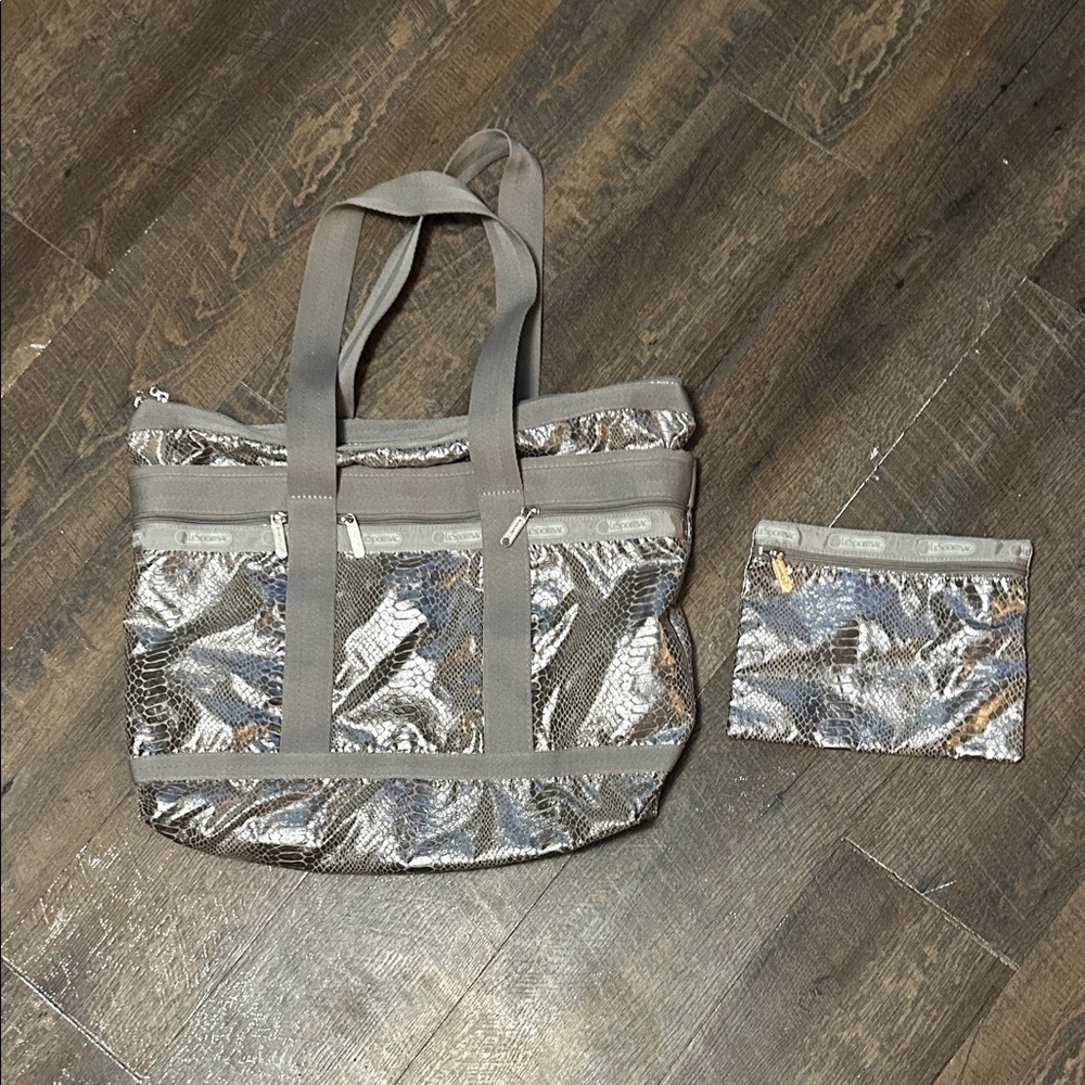 LeSportsac Classic Medium Travel Tote Handbag Cosmetic Pouch Metallic Snake Skin